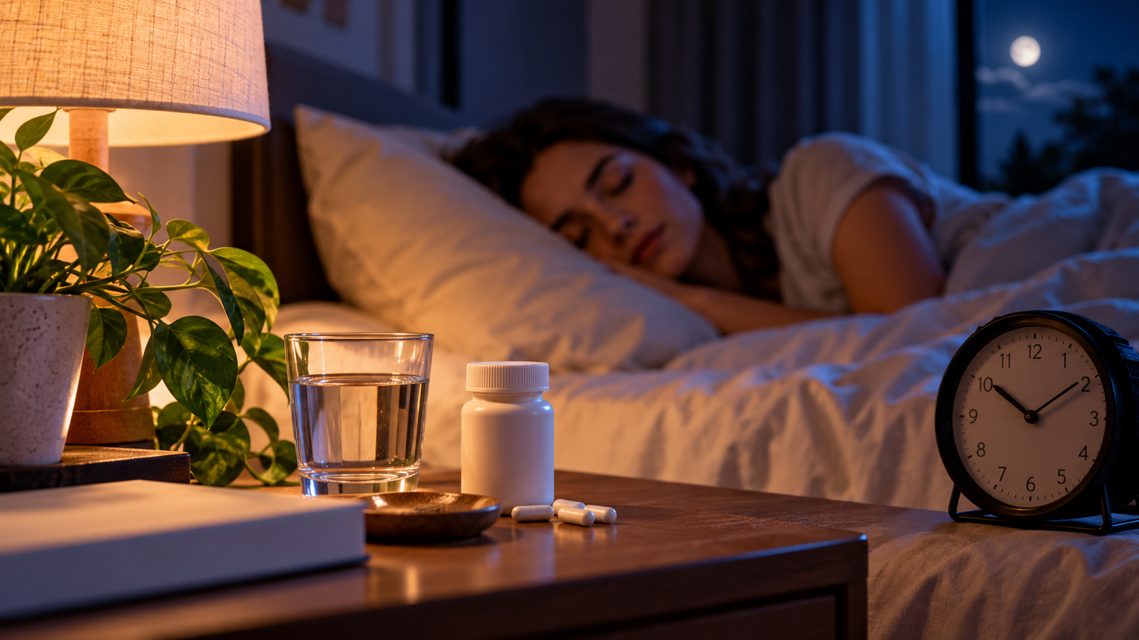Mulher dormindo em um quarto aconchegante, com relógio e copo de água ao lado da cama.