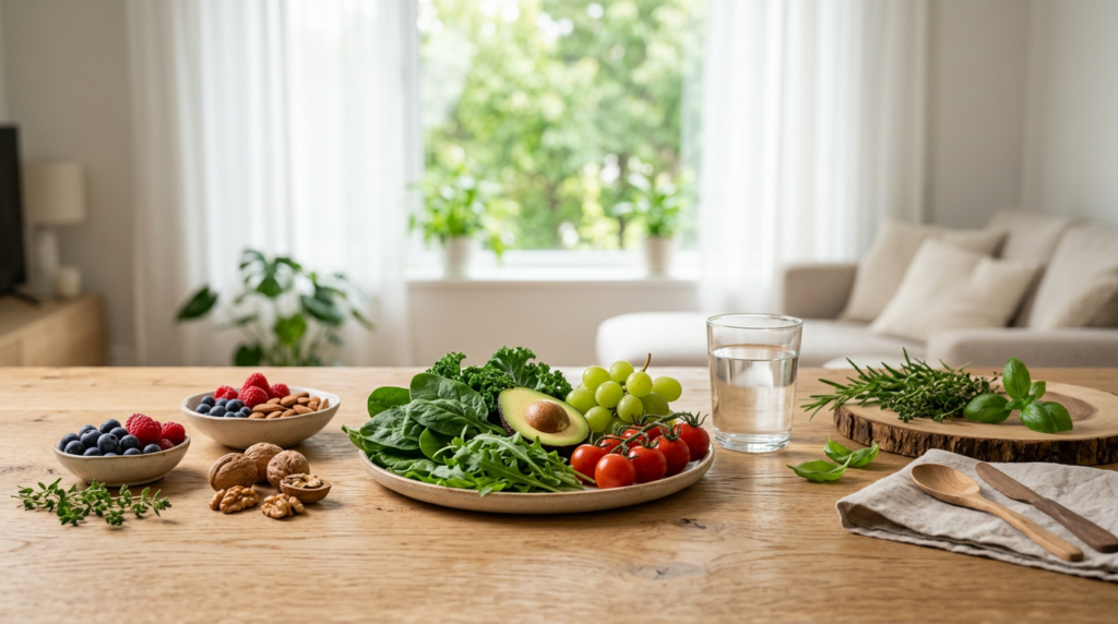 Frutas, vegetais e água em mesa iluminada